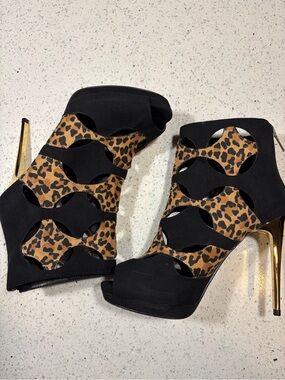 Leopard Cutout Stiletto Booties - Black & Brown